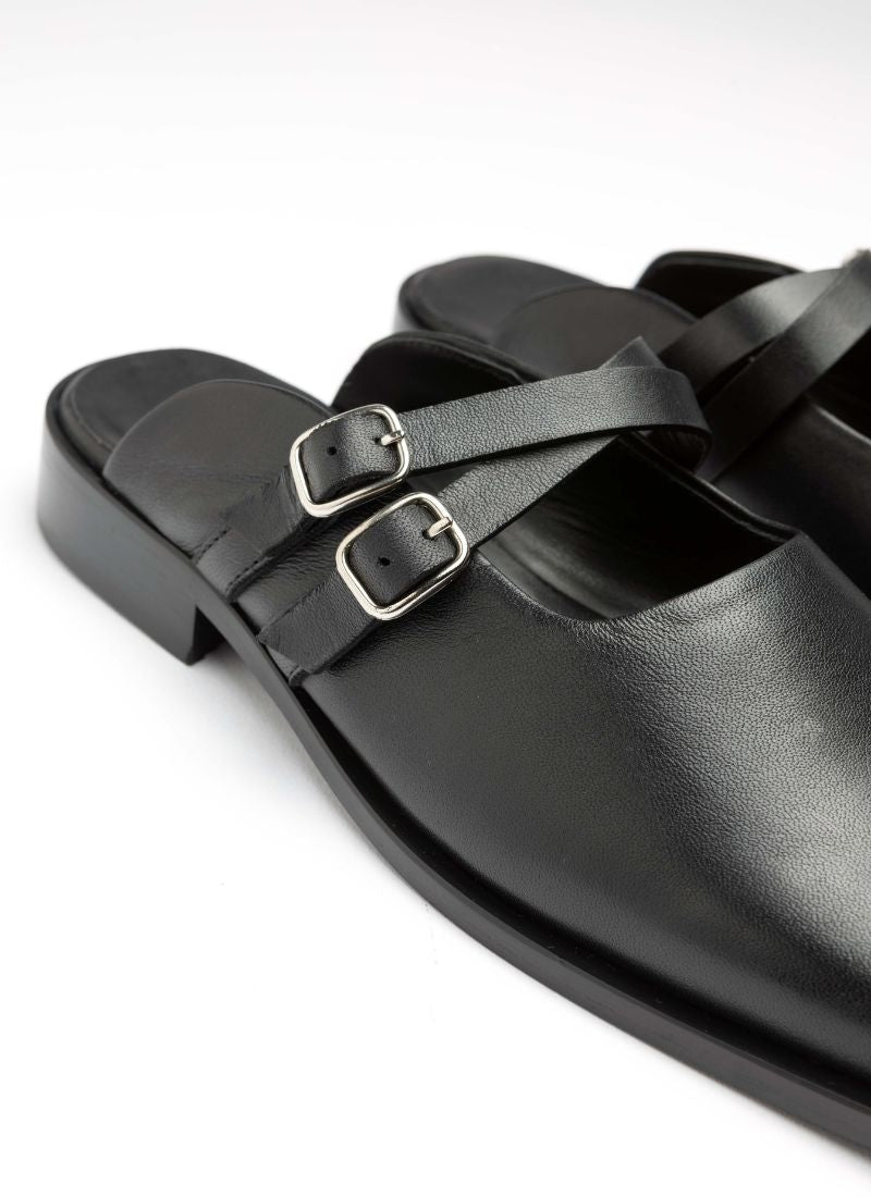 ★PAES★Double Buckle Mule Sandal Black DAPHNE Double Strap Mules | Mule black with square front